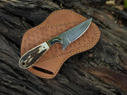 Handmade Skinner Knife: Rasp Steel Blade, Stag Horn Handle