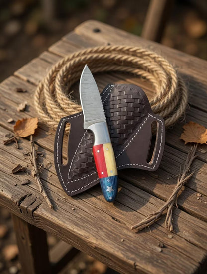 Handmade Damascus Hunting Skinner Knife - Taxes Handle EDC Knife - Full Tang with Pancake Leather Sheath Birthday & Anniversary Gift for Him