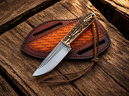 handcrafted Cowboy Skinner Knife – Rasp Steel Blade, stag horn Handle & Leather Sheath