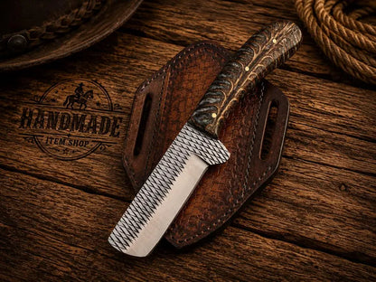 Western Bull Cutter Knife – 3.75" Rasp Steel Blade w/ Leather Sheath