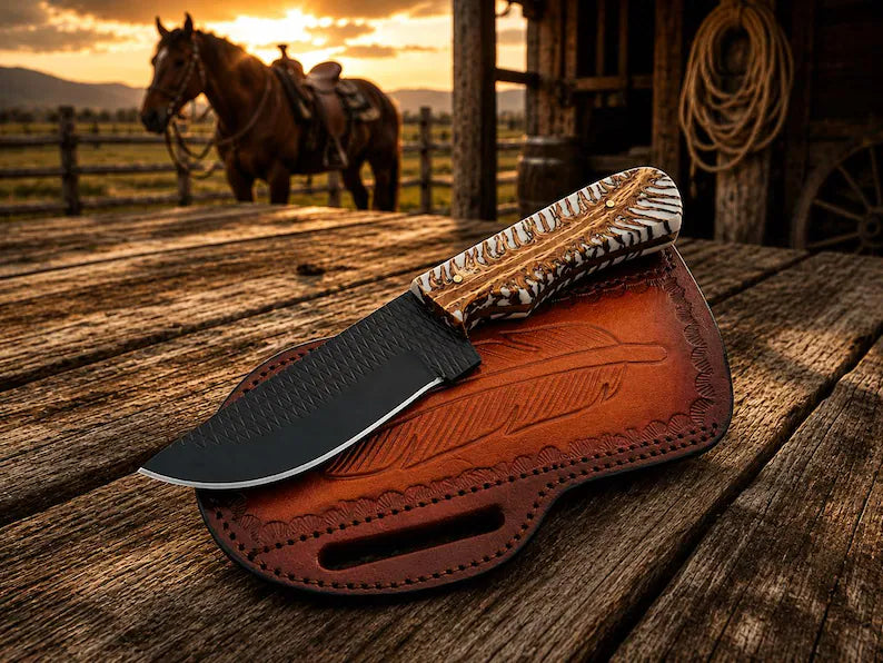 Cowboy Sheath Knife – 4" Black Powder Coated Rasp Steel Blade
