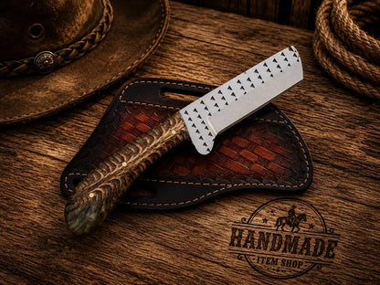 Western Bull Cutter Knife – 3.75" Rasp Steel Blade w/ Leather Sheath