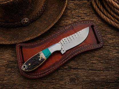 western knife and sheath – Handmade 7" Rasp Steel Knife with Antler Turquoise Handle