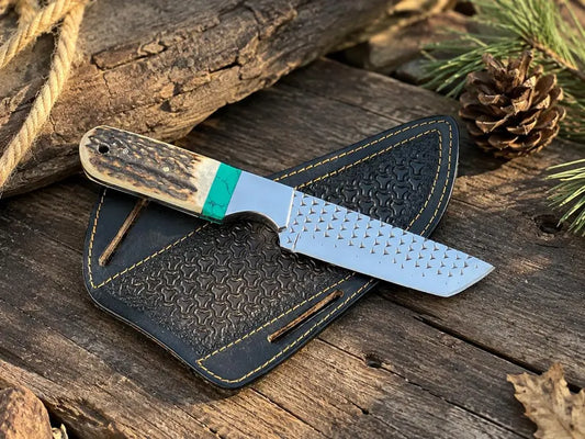 Handmade Textured Blade Hunting Knife, Natural Stag horn Handle, Leather Sheath (Gift)