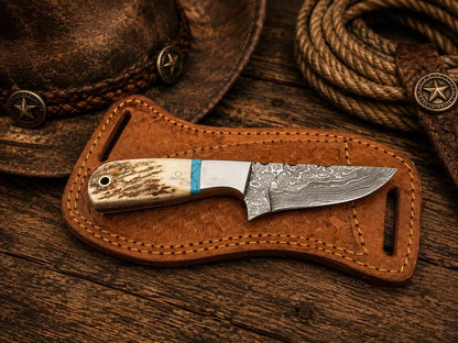 Handmade Cowboy Knife – 3.6” Raindrop Damascus Steel, Antler & Turquoise Handle