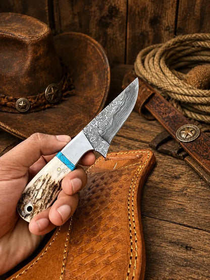 Handmade Cowboy Knife – 3.6” Raindrop Damascus Steel, Antler & Turquoise Handle