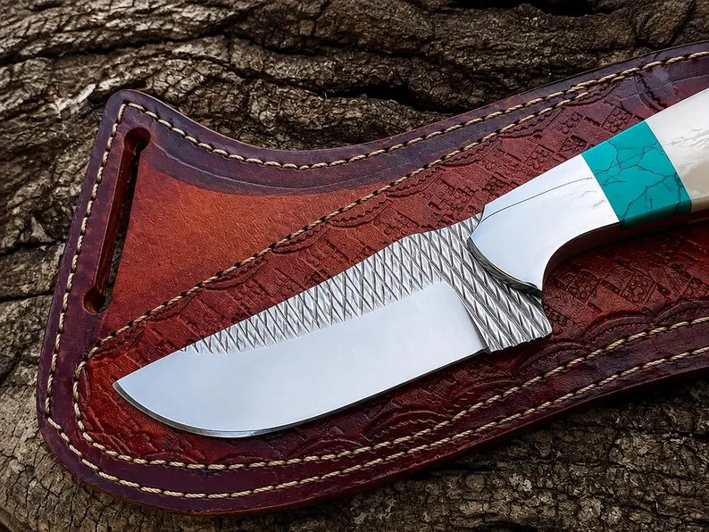 western knife and sheath – Handmade 7" Rasp Steel Knife with Antler Turquoise Handle