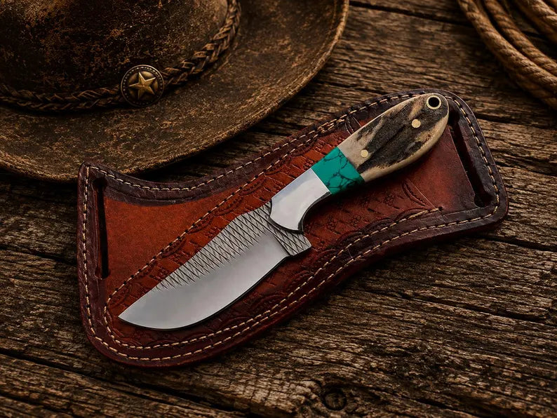 western knife and sheath – Handmade 7" Rasp Steel Knife with Antler Turquoise Handle