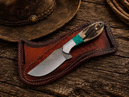 western knife and sheath – Handmade 7" Rasp Steel Knife with Antler Turquoise Handle