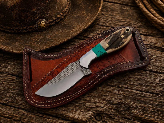 western knife and sheath – Handmade 7" Rasp Steel Knife with Antler Turquoise Handle