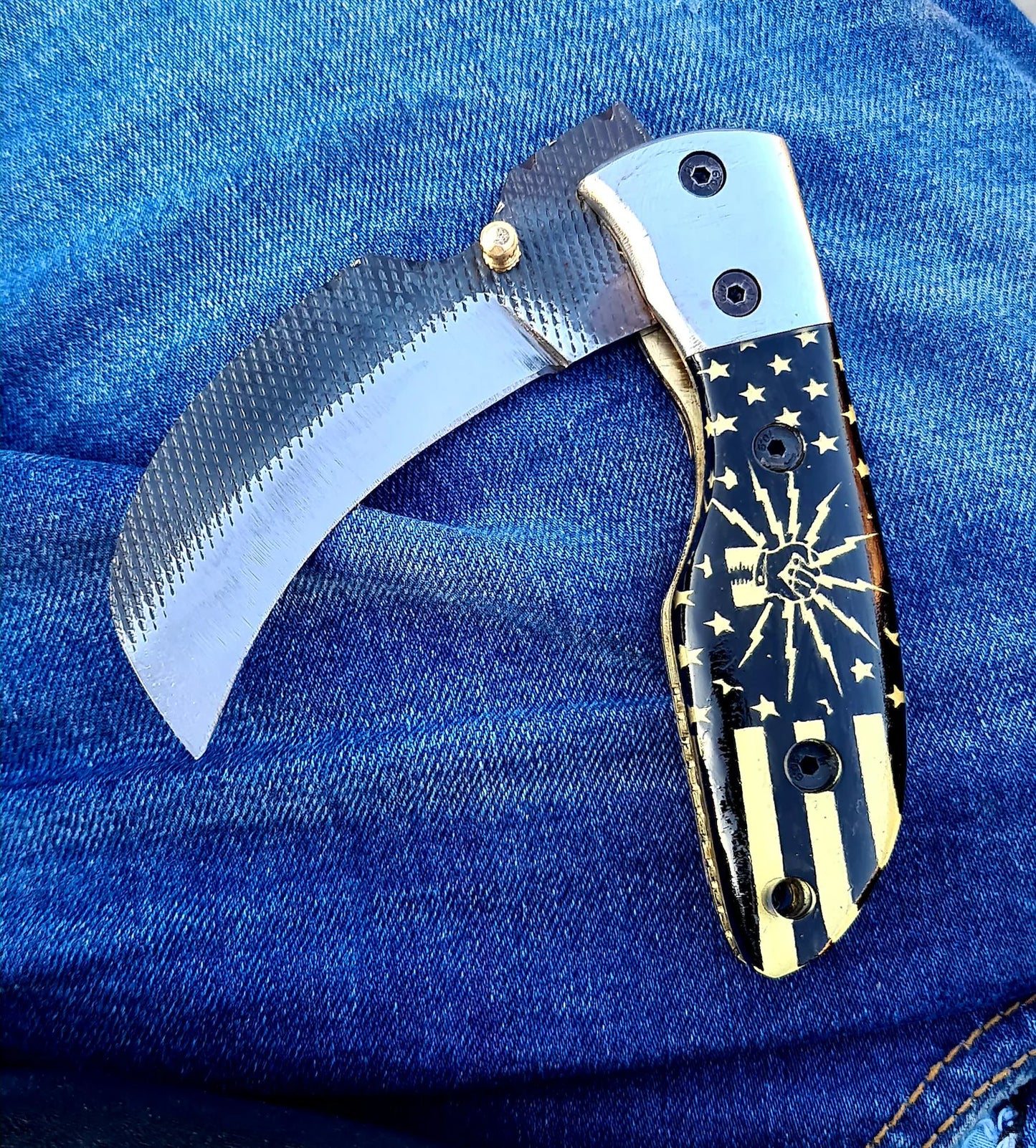 Handmade 1095 steel Hawkbill Pocket Knife: resin Handle, Leather Sheath