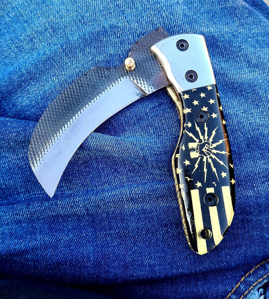 Handmade 1095 steel Hawkbill Pocket Knife: resin Handle, Leather Sheath