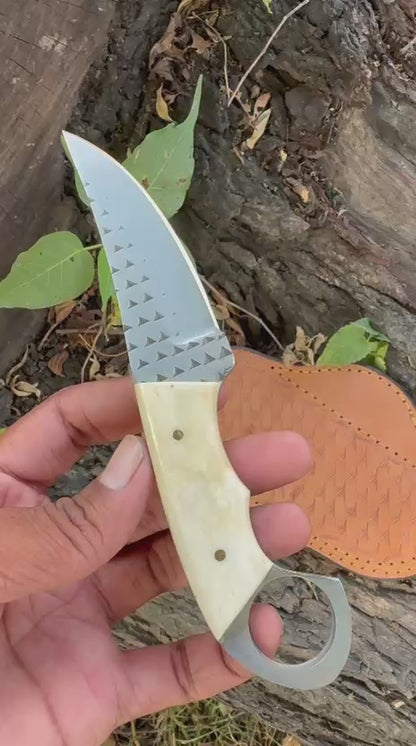 Handmade Rasp Steel Skinner Knife: Bone Handle, Leather Sheath