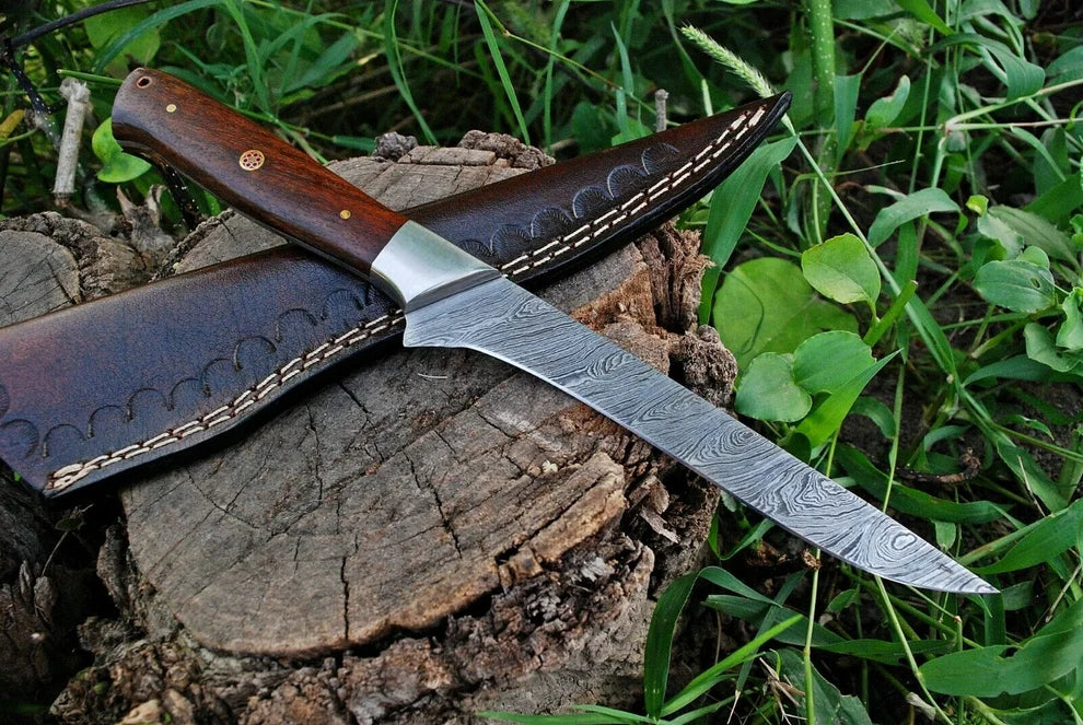 Custom Handmade Damascus Steel Fillet Knife with Rose Wood and Steel Bolster Handle