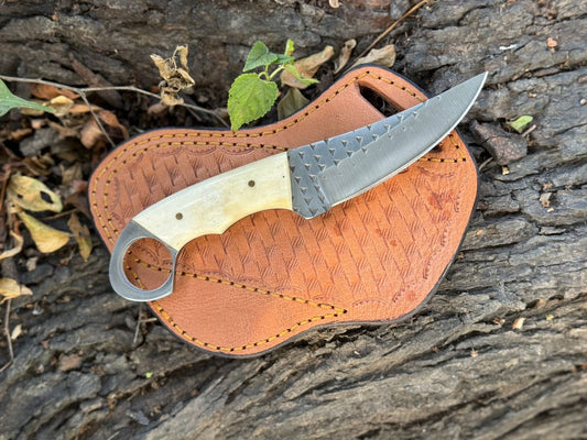 Handmade Rasp Steel Skinner Knife: Bone Handle, Leather Sheath