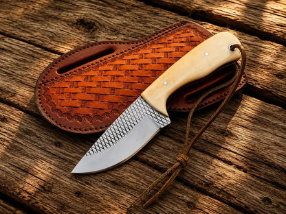 Hand-Forged Rasp Steel Skinning Knife with Natural Bone Handle – 3.4" Blade